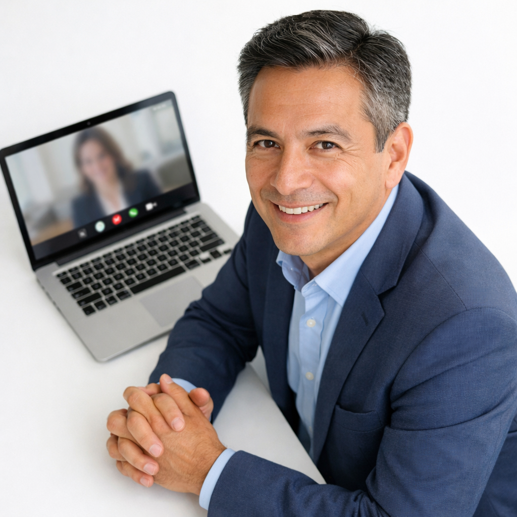 photographic Un consultor frente a una laptop tomando una videollamada sonrie es confiable maduro sin barba Fondo blanco La imagen est tomada desde un-Mar-06-2026-01-38-42-4052-AM